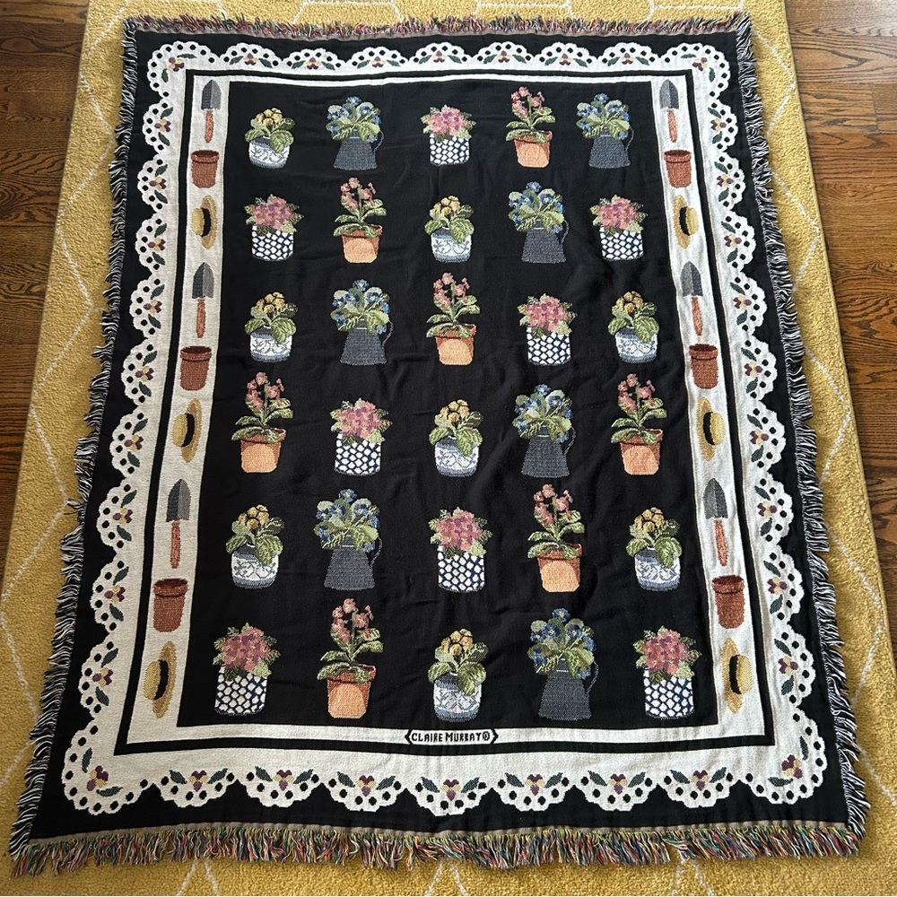 NWOT Claire Murray Potted Primrose woven tapestry blanket 53”x65” garden cottage